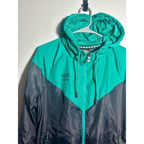 Umbro Men’s Windbreaker Jacket Size M Gray Teal Colorblock Hooded Full Zip - Picture 2 of 5